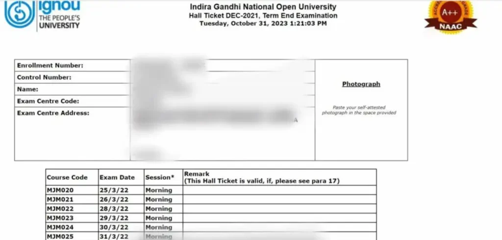 IGNOU Hall Ticket December 2025