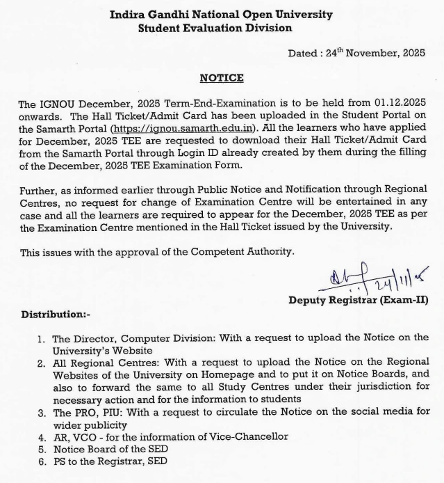IGNOU Hall Ticket Notice