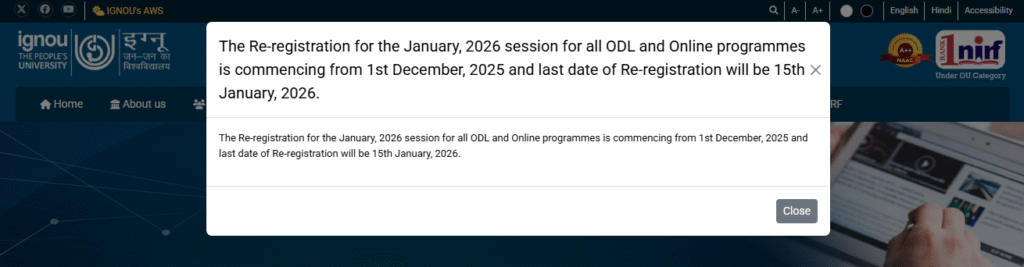 IGNOU re-registration 2026
